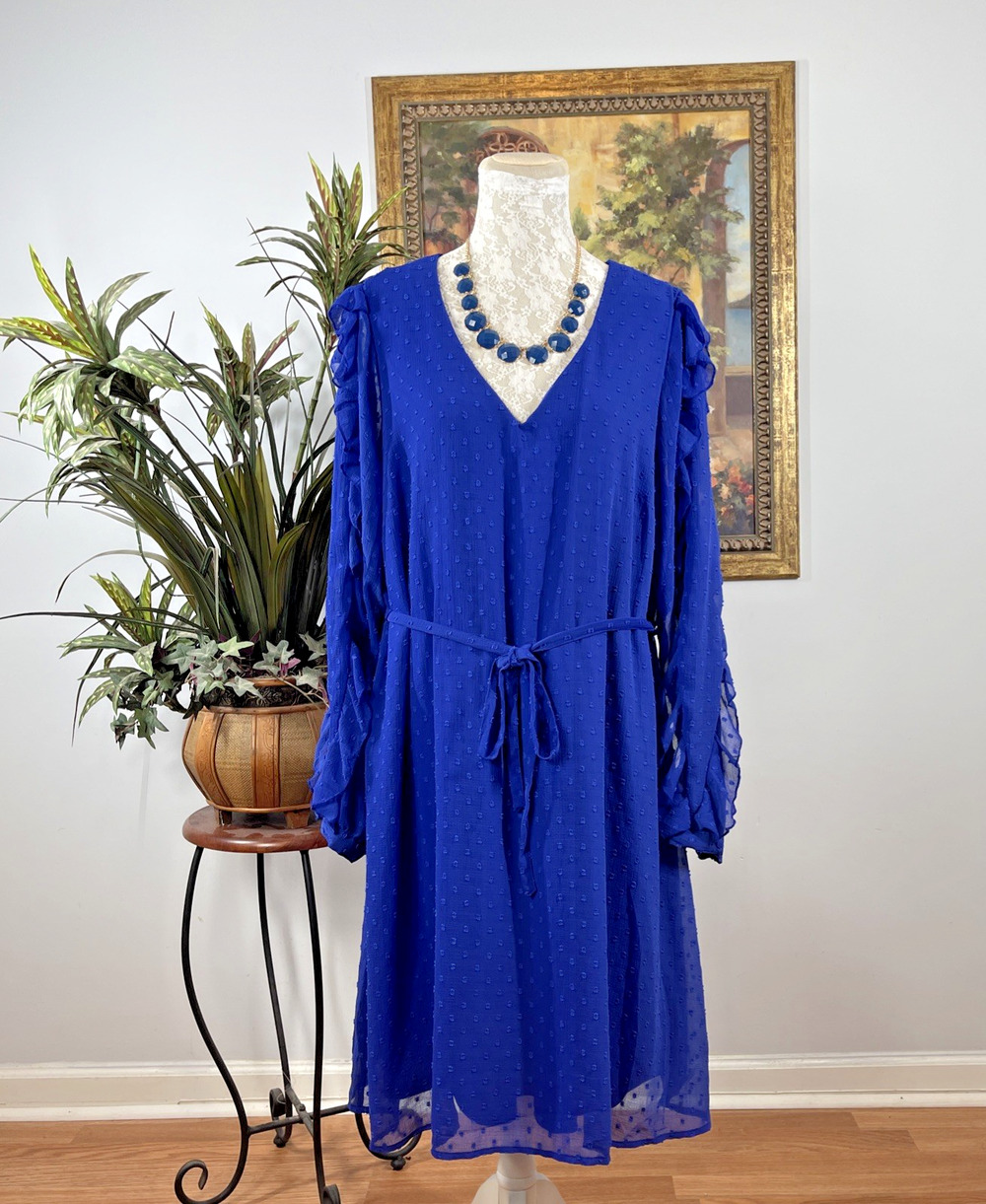Cato‎ Women Dress 18/20W Plus Blue Swiss Dot Chiffon Ruffle Sleeve Tie Waist